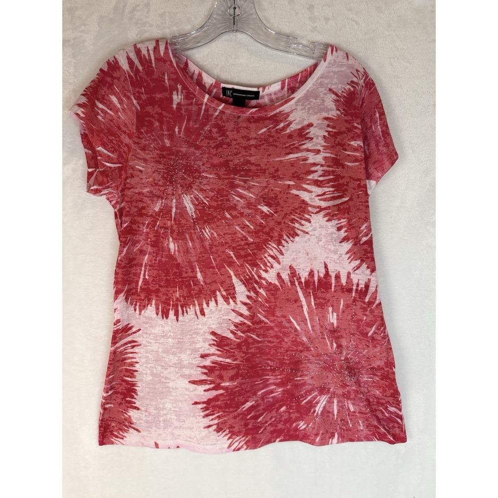 INC Red Floral Burst Tee L Rhinestone Embellished Stretch Top Casual